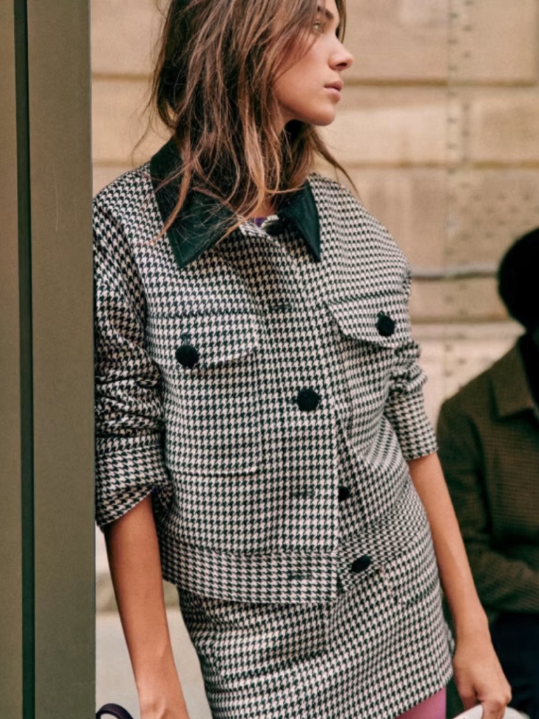 Sezane Erwann Black And White Houndstooth Jacket